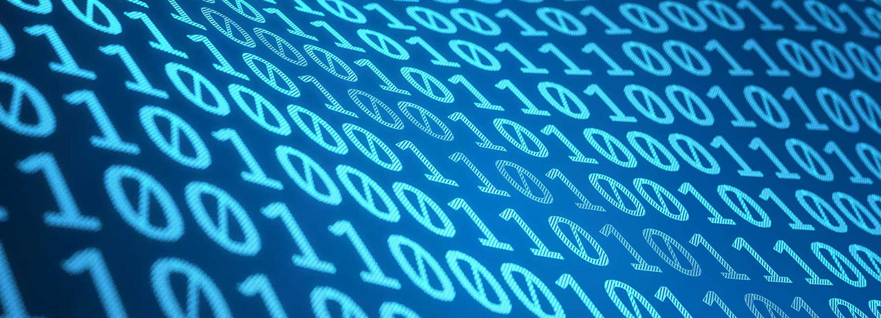 Digital data or binary code on virtual wavy surface on blue background. 3D illustration. 